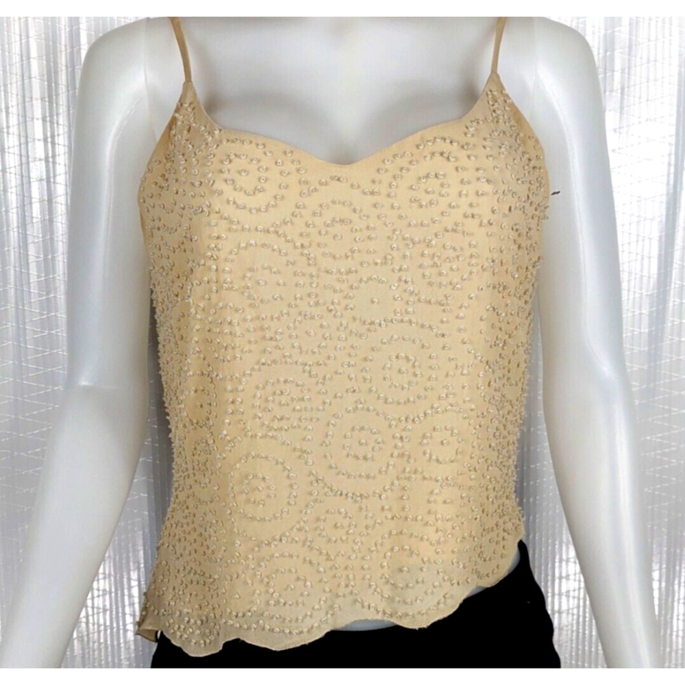Tahari Beaded Tank Top Sz 8 Cream Ivory 100% Silk Asymmetrical Hem Couture Sexy